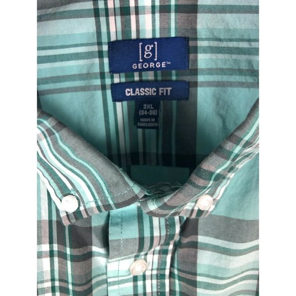 George Classic Fit Men's 3XL Button Up Short Sleeve Green Black Cotton Shirt A17 - Picture 2 of 4